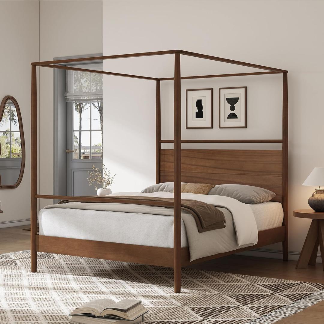 Canopy Bed Frame with Headboard & Solid Wood 4 Poster Platform Bed for Bedroom, Wooden Slats Support Mattress Foundation & No Box Spring Needed & Easy Assemble, Modern Design,  Size Queen