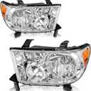 For 2007 2008 2009 2010 2011 2012 2013 Toyota Tundra Headlight Assembly For 2008-2017 Toyota Sequoia Head Lights Headlamp Replacement Driver and Passenger Pair, Chrome Housing Amber