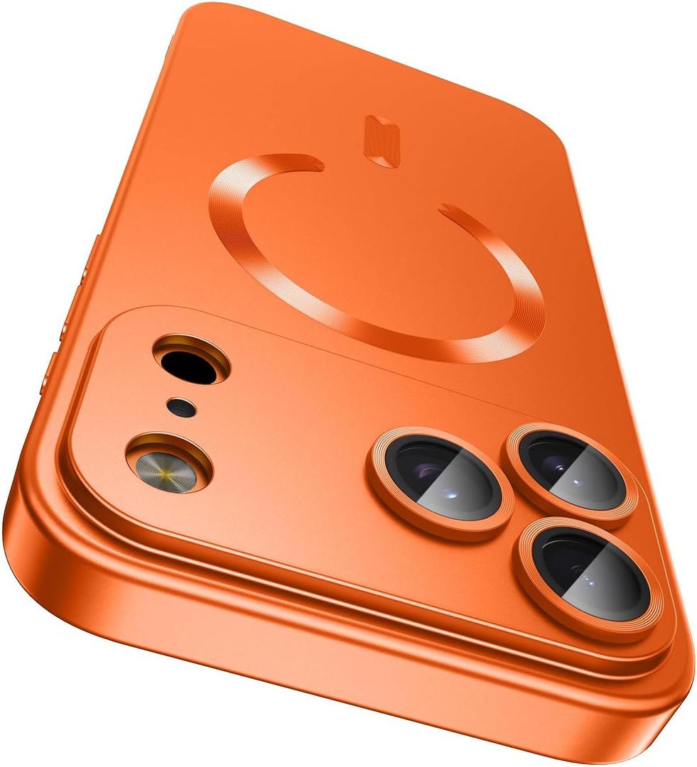 LEKEVO Magnetic for iPhone 17 Pro Max Case, Compatible with MagSafe, Built-in Camera Lens Protector, Slim Thin Soft Silicone Bumper Shockproof Metallic Luster Phone Case (Orange)