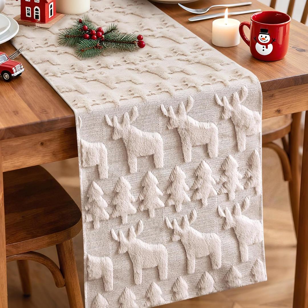 OTOSTAR Christmas Tree and Elk Soft Plush Faux Fur Jacquard Xmas Table Runner, Seasonal Holiday Dining Table Decoration for Home Party Decor 13x72 Inch (Cream Beige)