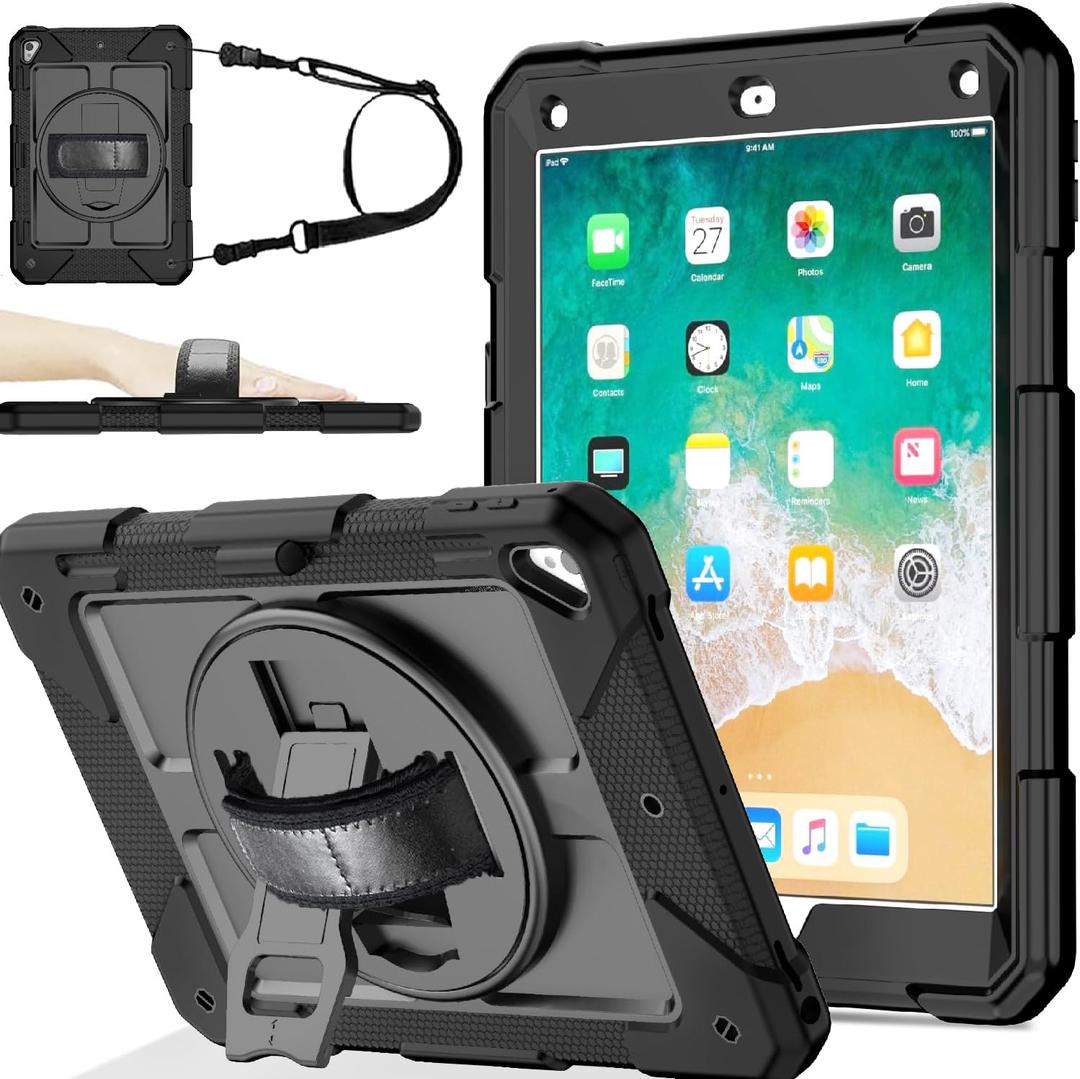 BMOUO Case for iPad 6th/5th Generation Case (9.7 inch, 2018/2017), 360Rotating Stand, Hand/Shoulder Strap Shockproof iPad 9.7 Case for iPad Air 2, Black