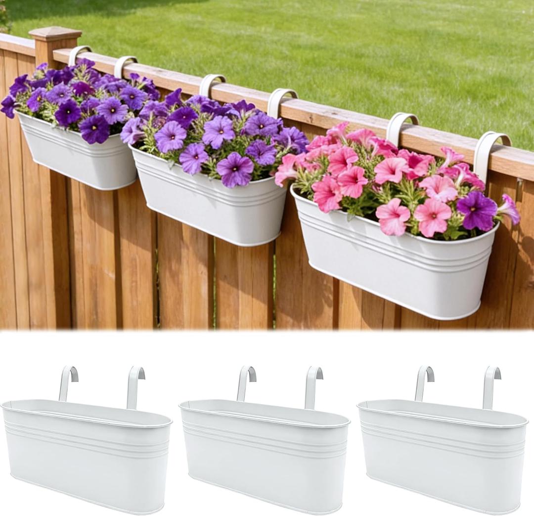 SYITCUN Metal Railing Planter Boxes 16 Inch, 3-Pack Adjustable Hanging Flower Pots for Balcony, Deck, Porch & Fence, Detachable Hook Design, White Heavy Duty Planters for Outdoor