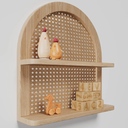 2 Tier Fan-shaped Rattan Wall Shelf, Nursery Shelf for Wall Storage, Natural Pine Wood Wicker Wall Shelf, Boho Shelf for Natural Nursery Decor, Decorative Shelf for Living Room, Bedroom & Bathroom
