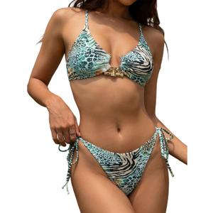ZAFUL Women's Sexy Cutout Bikini Set High Cut Textured Metal Ring Cheeky Swimsuit Two Piece Bathing Suit (M)