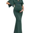 CYCLAMEN Maxi Maternity Dress Sparkly Baby Shower Semi Formal Wedding Guest V-Neck Handkerchief Sleeves Elegant Pregnancy, Sparkly Dark Peacock Blue, L