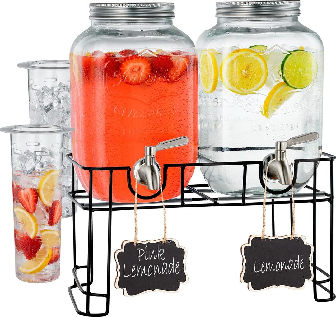 FineDine 2 Pack Glass Drink Dispenser with Stand & Stainless Steel Spigot  1 Gallon drink dispensers for parties, glass beverage dispenser Set, punch bowl for Lemonade, Juice, Infused Water & More