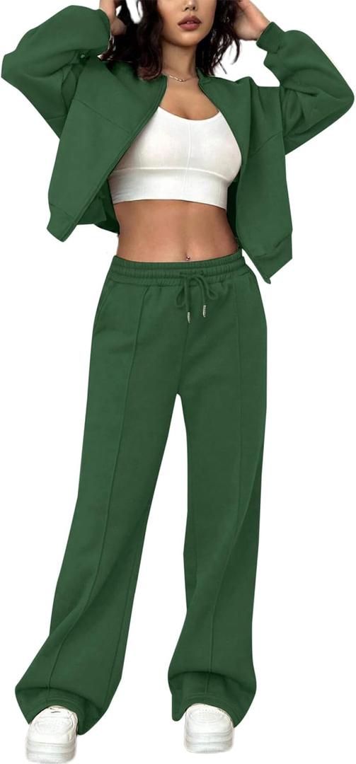 LovelyWholesale Women Sweatsuits 2 Piece Set Zip Up Sweatshirt and Wild Leg Sweatpants Set (Small, Green)