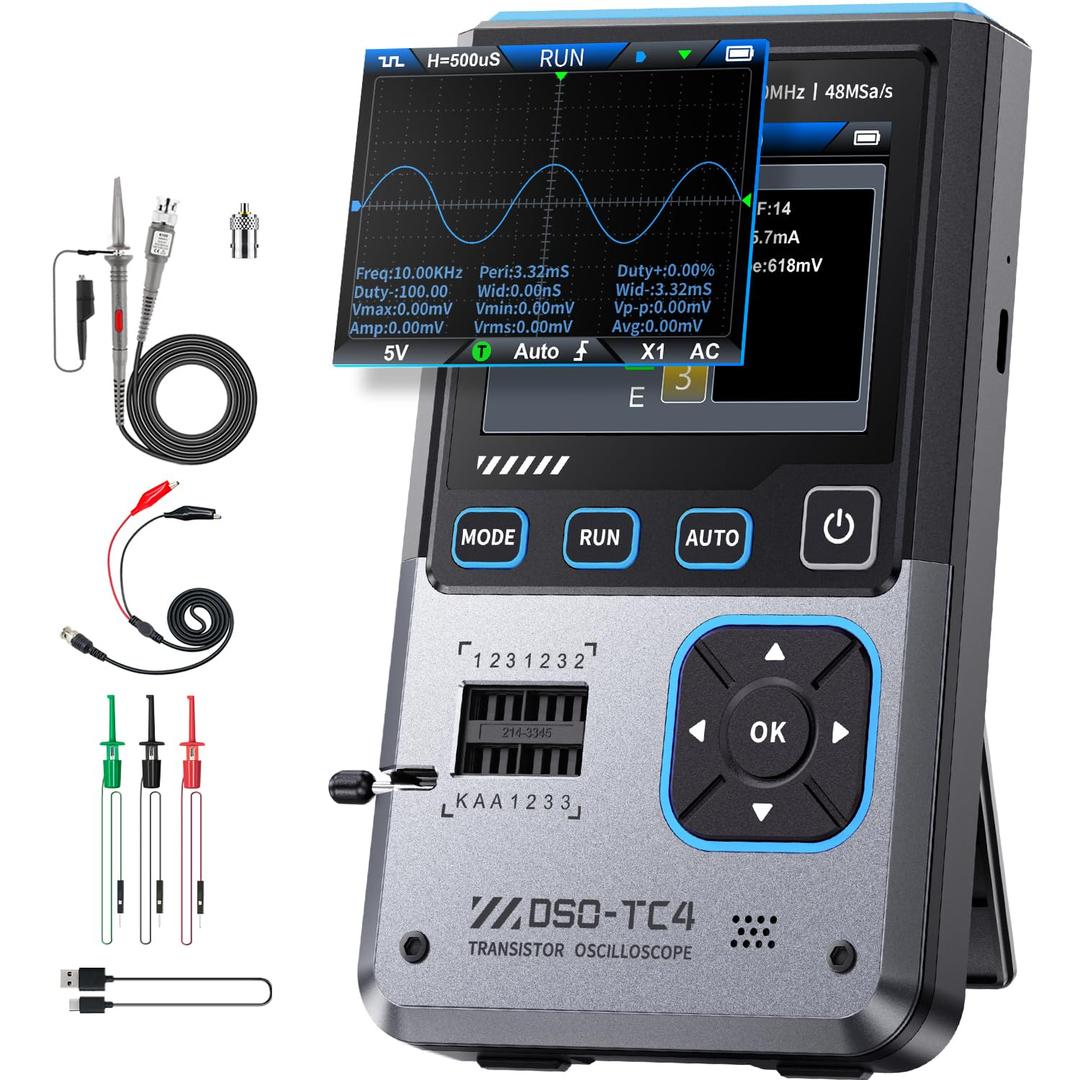 FNIRSI DSO-TC4 Handheld Oscilloscope, 10MHz Bandwidth 48MSa/s Sampling Rate Transistor Tester Digital Oscilloscope DDS Signal Generator 3 in 1, Voltage Continuity Zener Diode Triode Component Tester