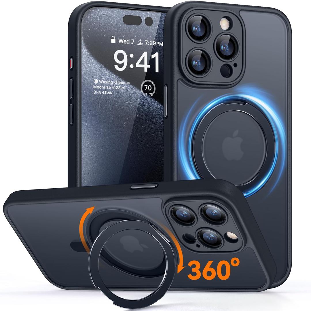 CANSHN 360° Spin Magnetic Stand for iPhone 15 Pro Case [Full Camera Protection] [Compatible with Magsafe] [Translucent Matte] Shockproof Protective Kickstand Phone Cover 6.1" - Deep Blue