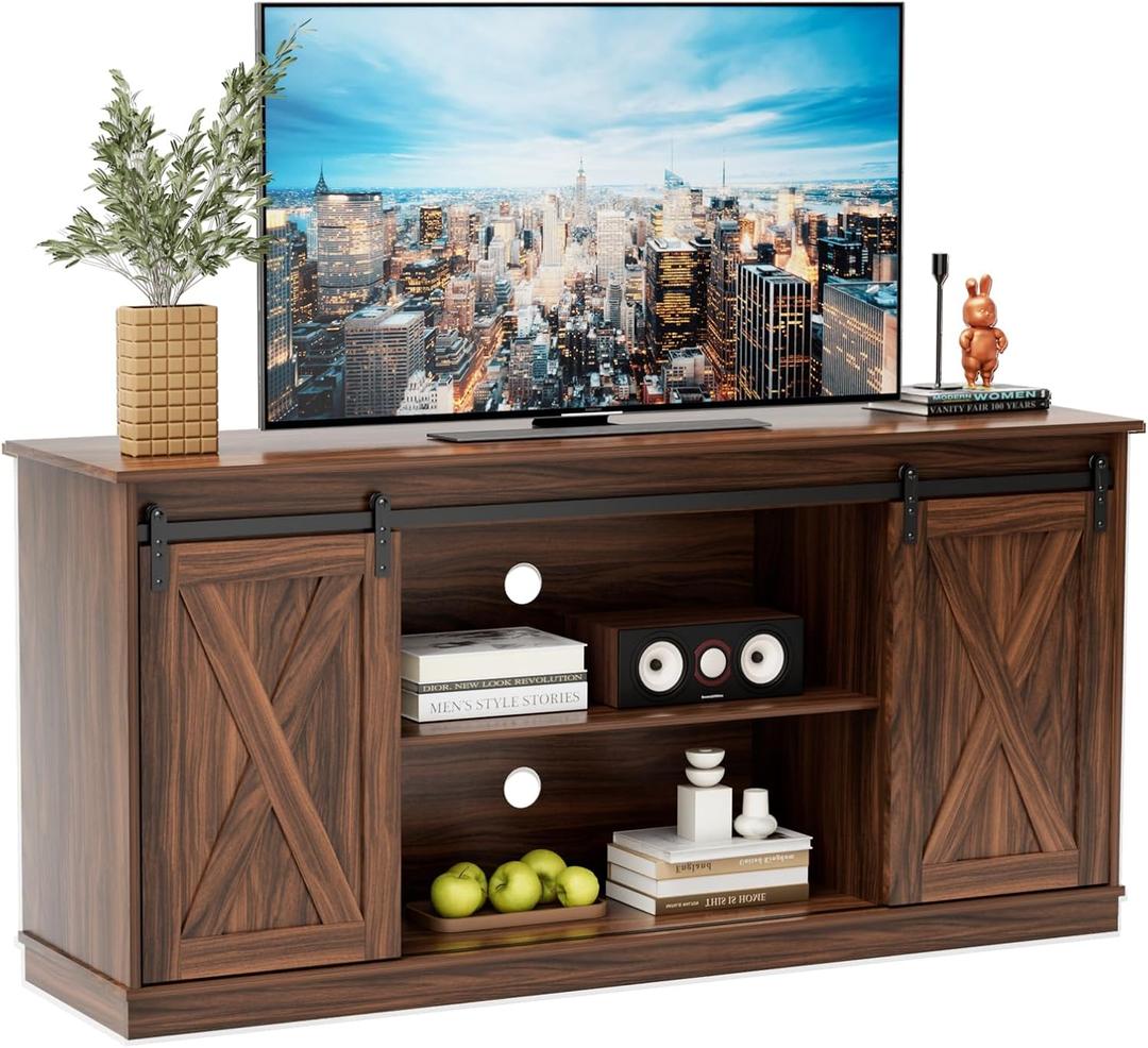 Sweetcrispy Farmhouse TV Stand 65 Inch for Living Room Bedroom Brown, Tall Entertainment Center with Storage Shelves, Media Console Cabinet with Wood Board, 300 LBS Capacity and Sliding Barn Door (56.8" x 14.3" x 27.6")