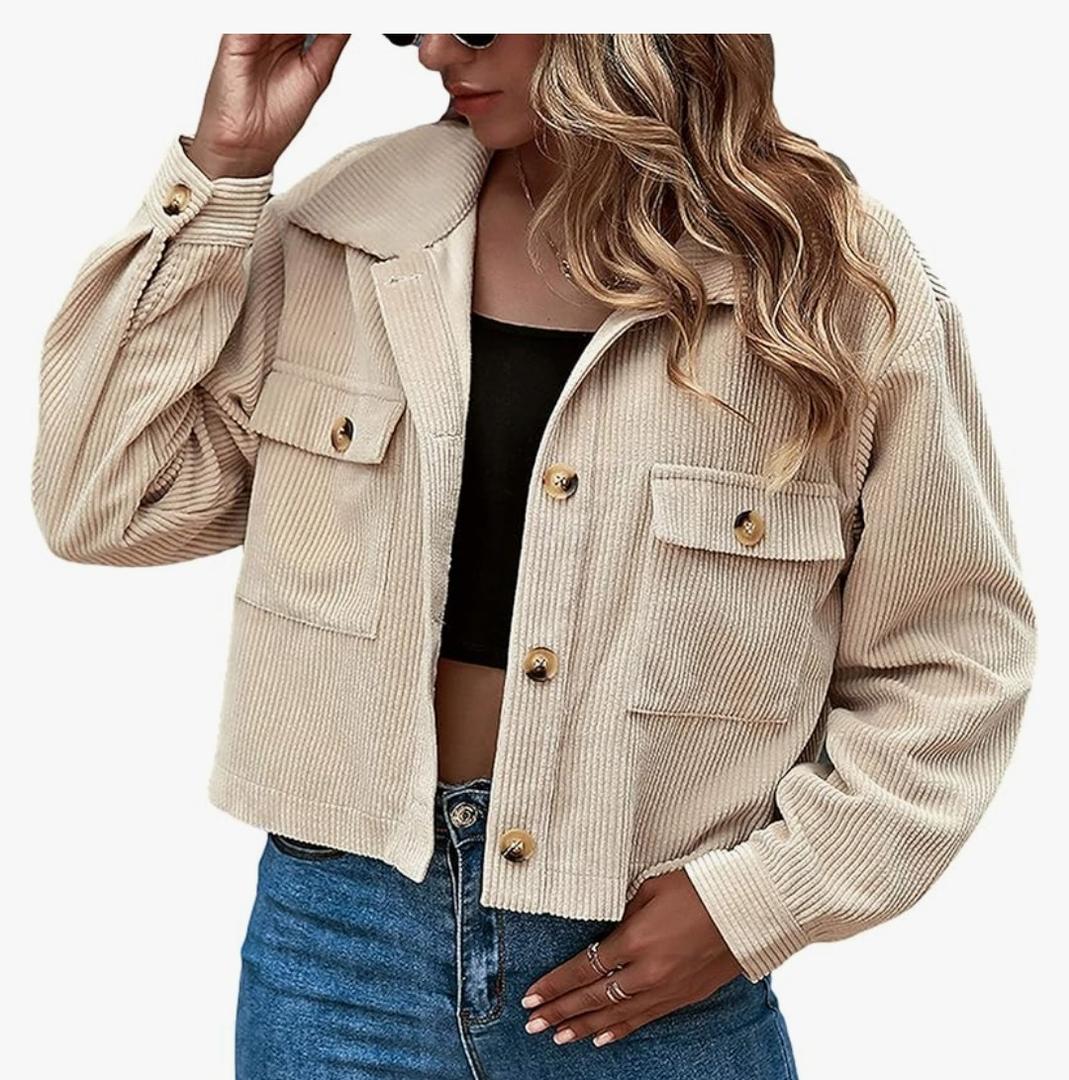 Gihuo Women's Fashion Cropped Shacket Button Down Corduroy Shacket Jackets Casual Plaid Long Sleeve Crop Jackets Tops Size large