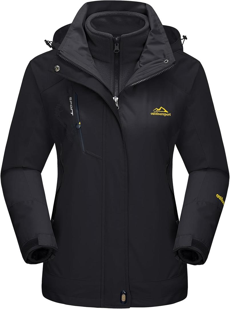 MAGCOMSEN Women's 3-in-1 Winter Coats Snow Ski Jacket Waterproof Windproof Fleece Lined Winter Jacket Parka (X-Large, Pure Black)