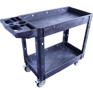 Utility Service Cart, 2-Shelf 500LBS Heavy Duty Plastic Rolling Utility Cart with 360 Swivel Wheels, Lipped Shelves, Ergonomic Storage Handle for Warehouse/Garage