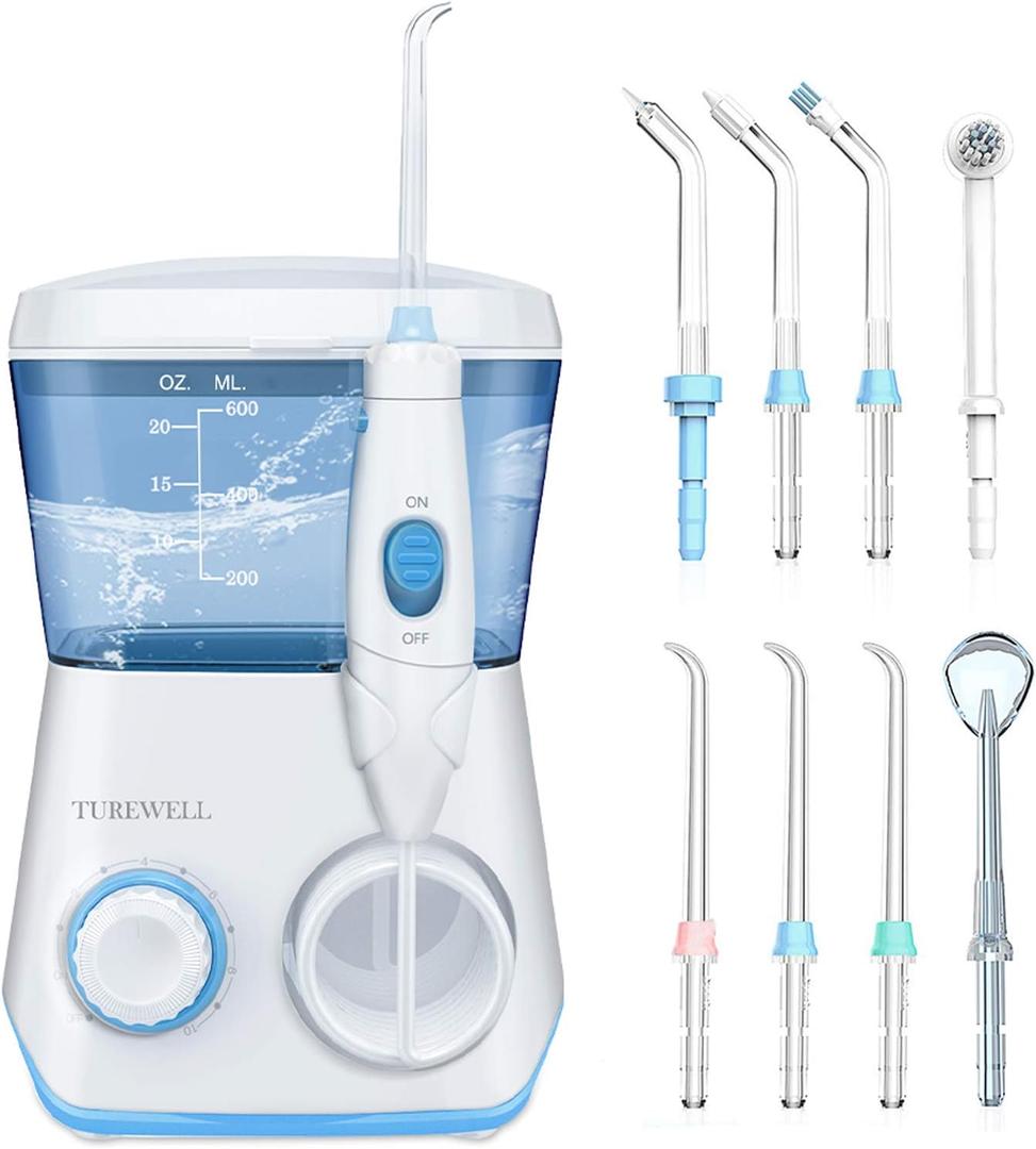 TUREWELL Water Flossing Oral Irrigator, 600ML Dental Cleaner 10 Adjustable Pressure, Electric Oral Flosser for Teeth/Braces, 8 Replacement Jet Tips for Family (White)