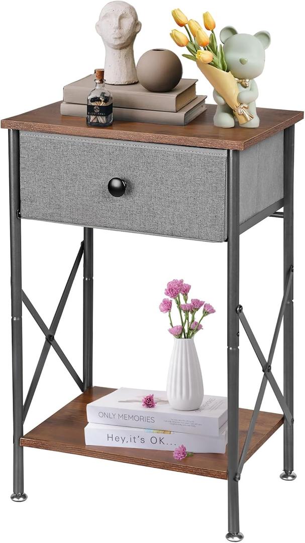 VECELO Nightstand with Drawer, End Table with Storage, Adjustable Metal Feet, Wood Tabletop, 5.5" Drawer & Open Shelf, Easy to Clean, Small Table for Printer, Livingroom or Bedroom, Dark Grey (set of 1)