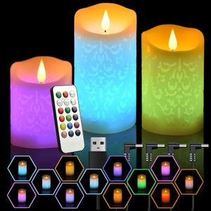 NICEME Rechargeable Color Changing Candles with Remote Timer USB Cable 3PCS LED Multi Colored Flameless Candles Battery Operated Real Wax USB Pillar Candles Flickering for Halloween Christmas Decor (D 3H 456)
