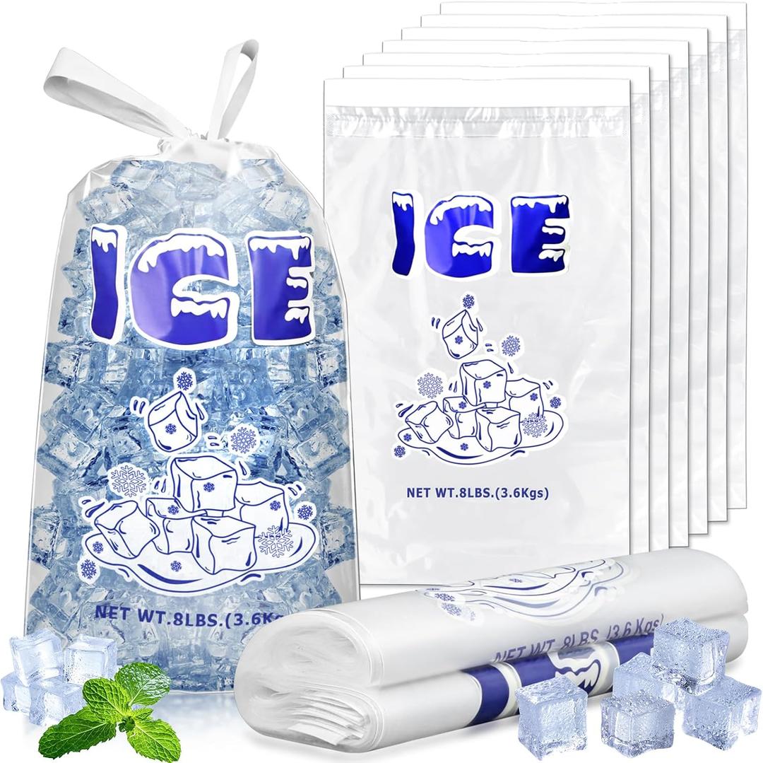 60 Pack Reusable Plastic Ice Cube Bags, Heavy-Duty with Drawstring, 8 lb Freezer Keeper