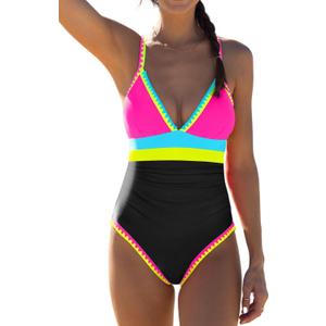 popvil One Piece Swimsuit 2025 Tummy Control Women Bathing Suit Shapewear Swimsuits Slimming Neon Cute Tie Back Swimwear (Small, Black6)