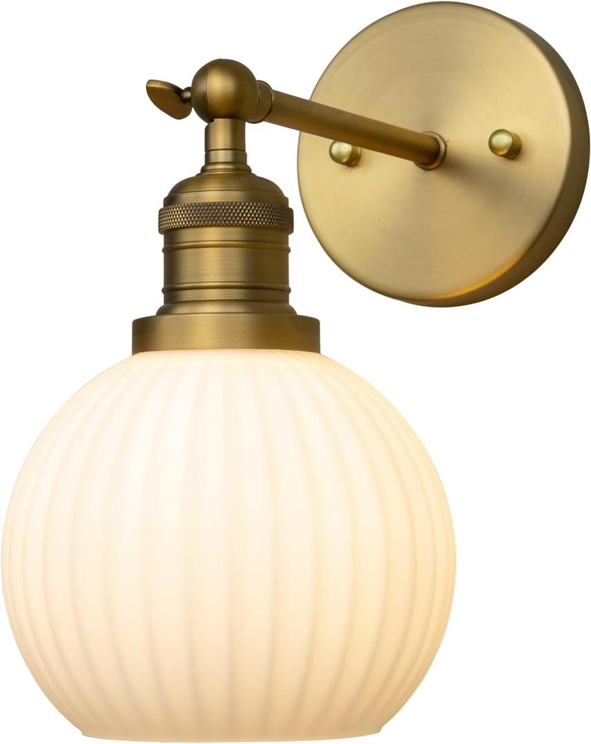 PERMO Vintage Wall Sconce Bedroom Sconce Globe Vanity Wall Light Milk White Glass Shade Wall Light Lamp Fixture (Antique Gold) (Heardwired)