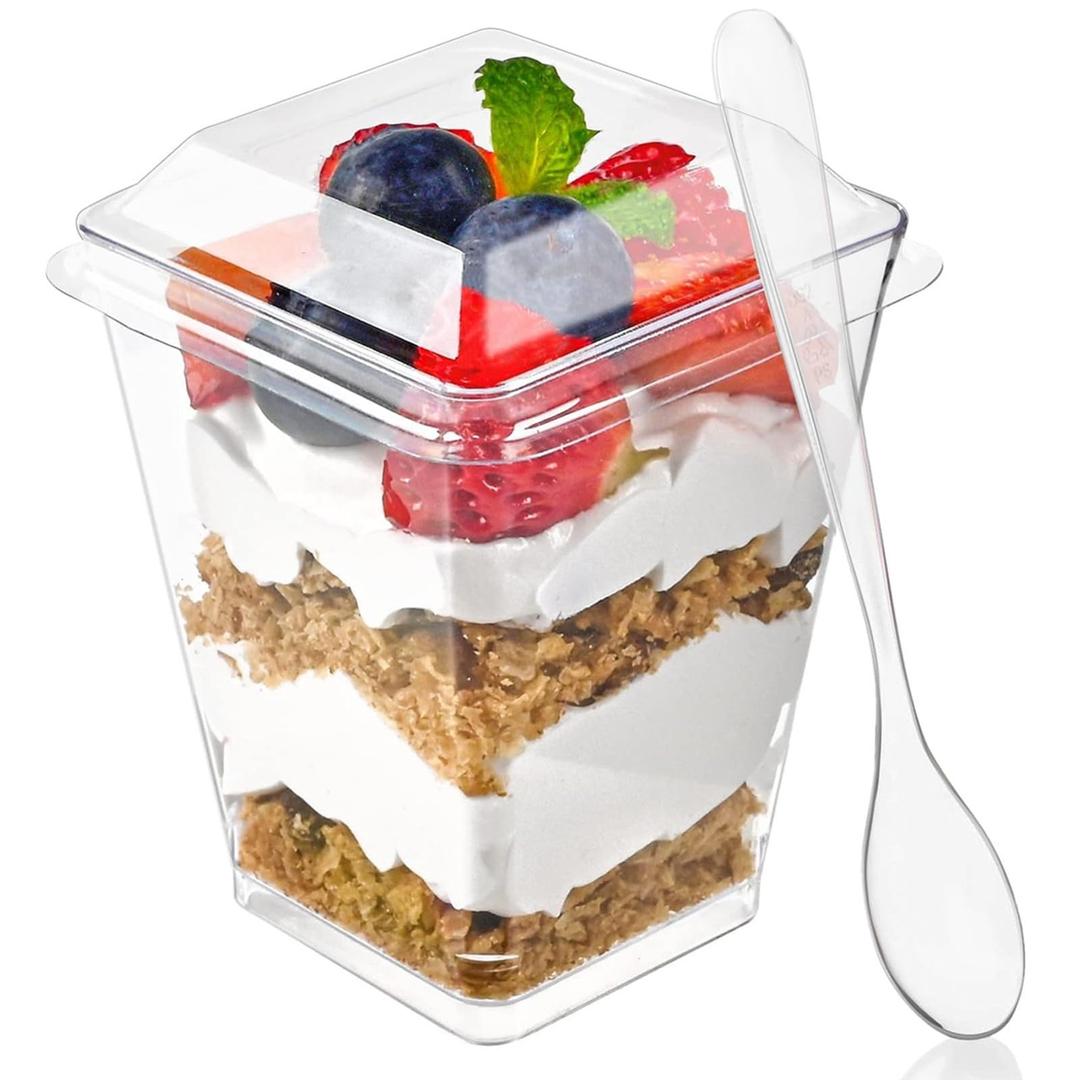 Zezzxu 25 Pack 5 oz Plastic Dessert Cups with Lids and Spoons, Banana Pudding Cups with Lids Mini Dessert Shooters for Party Individual Yogurt Parfait Jello Fruit Trifle