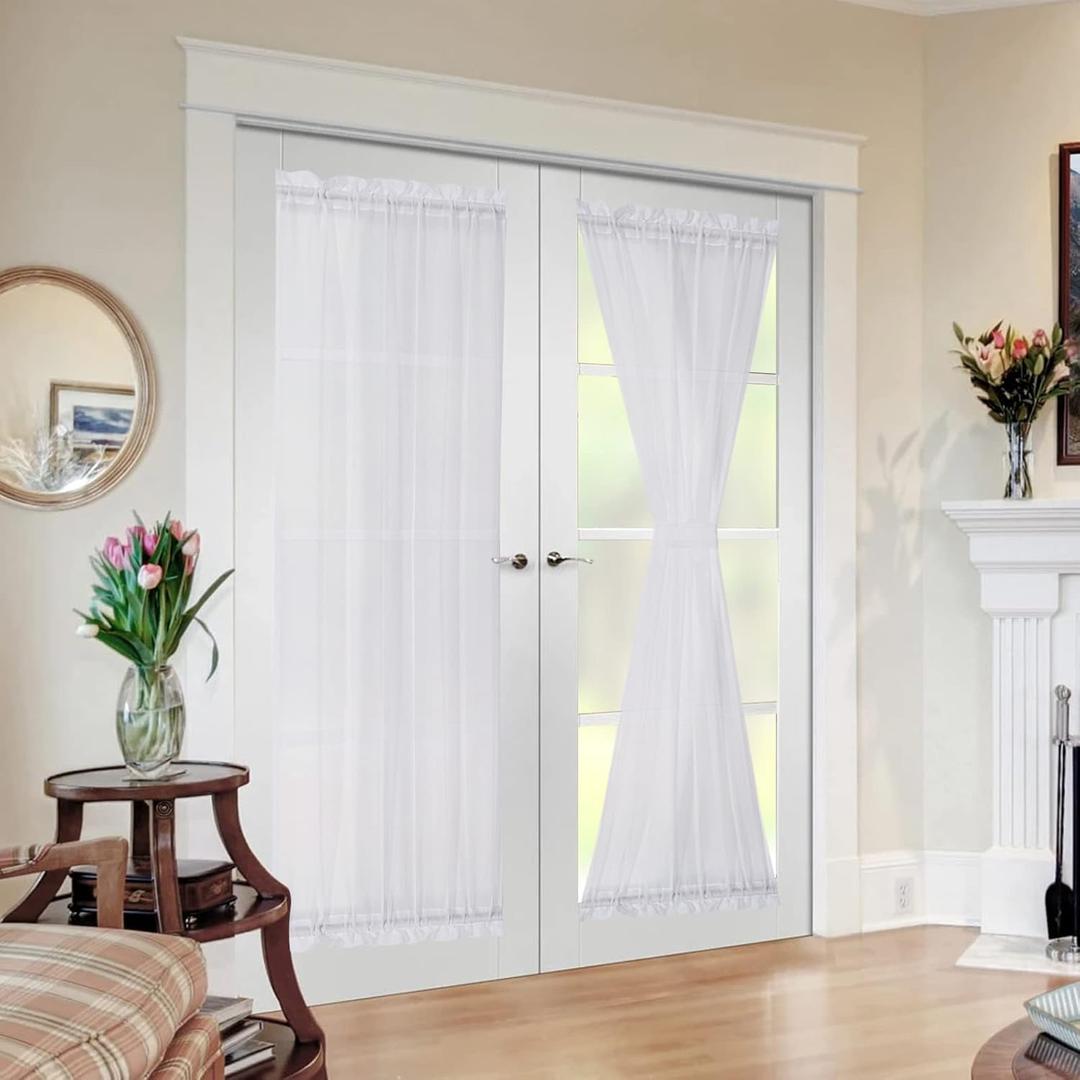 MIULEE French Door Sheer Curtains for Front Back Patio Glass Door Light Filtering Window Treatment with 2 Tiebacks 54 Wide and 63 Inches Length, White, Set of 2