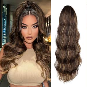 Women's Synthetic Wavy Ponytail Extension, 22 Inch, Dark Brown Mix Caramel Brown