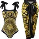 One Piece Bathing Suit for Women with Beach Cover up Wrap Skirt Swimsuit Sarong Retro Floral Print Bikini Set (Small, Gold and Black)