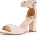 IDIFU Women's Candie-MI Peep Toe Low Block Heels Sandals Ankle Strap Comfy Chunky Wedding Dress Shoes (7, Nude Nubuck)
