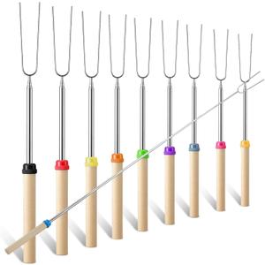 Marshmallow Roasting Sticks Set, 10PCS with Random Colors, Extendable and Reusable Marshmallow Stick, 32IN, Wood Handle, Premium Stainless Steel Smores Skewers for Fire Pit, Bonfire Party