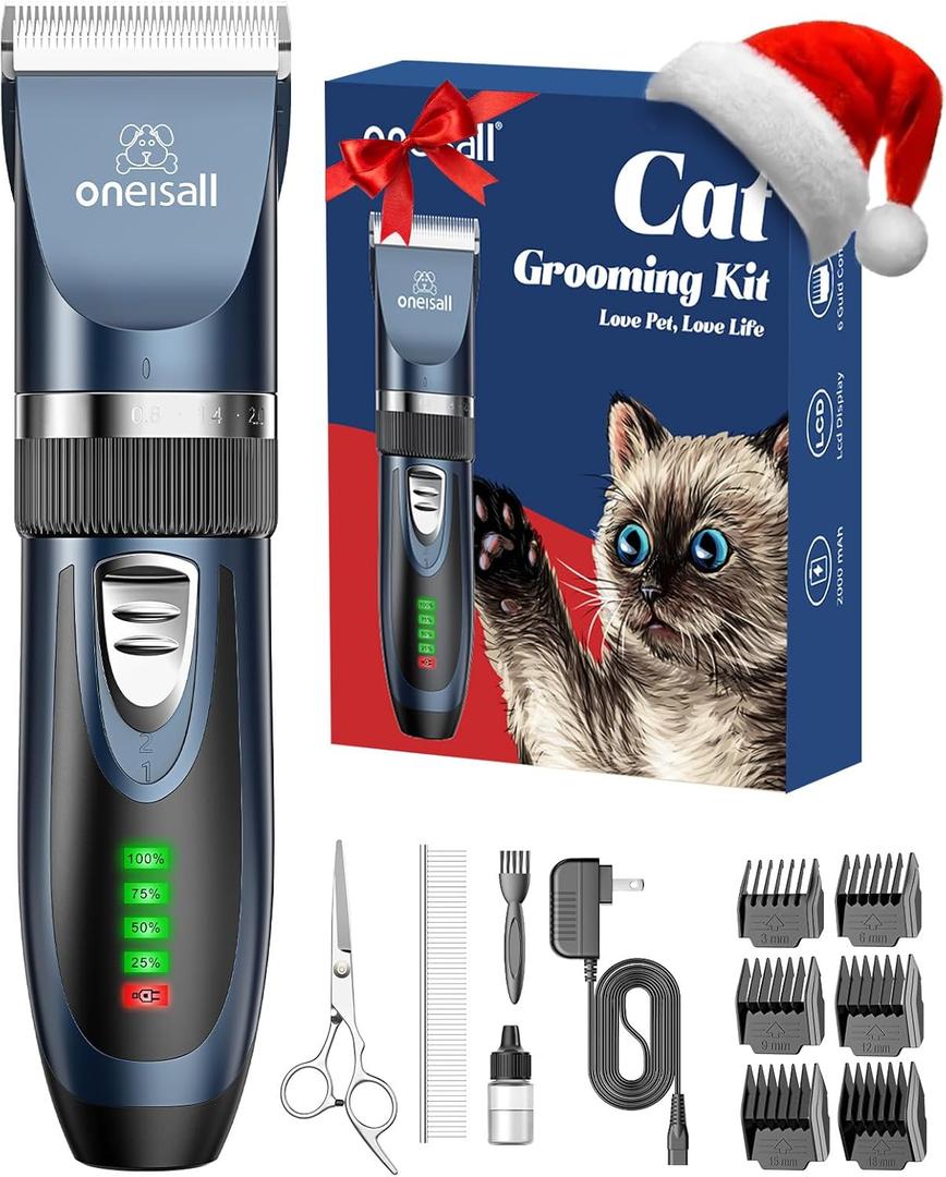oneisall Quiet Cat Clippers for Matted & Long Hair, 2-Speed Cordless Pet Shaver Grooming Kit for Cats, Small Dogs & Animals (Blue)