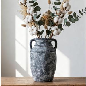 Lvases Farmhouse Rustic Ceramic Vase with Handles, 11 inch Gray-White Textured Modern Terracotta Vintage Vases for Home Decor Centerpieces Table Pottery Barn Furniture Decorative (Tall - C)