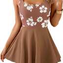 B2prity Women's One Piece Swimdress Swimsuit Tummy Control Swim Dress Modest Full Coverage Bathing Suit with Side Pocket (Large, Brown Floral)