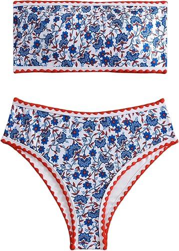 WDIRARA Women's Floral Print Strapless Lace Up Bikini Swimsuit 2 Piece Bathing Suit (Medium, Blue and Multicolor)