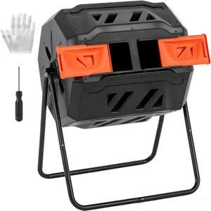 OLIXIS Compost Bin Outdoor 43 Gallon, Dual Chamber Composter Tumbler Outdoor with Gloves, Efficient 360°Rotating Composting Bin for Patio, Lawn, Home Gardening and Landscape, Black and Orange
