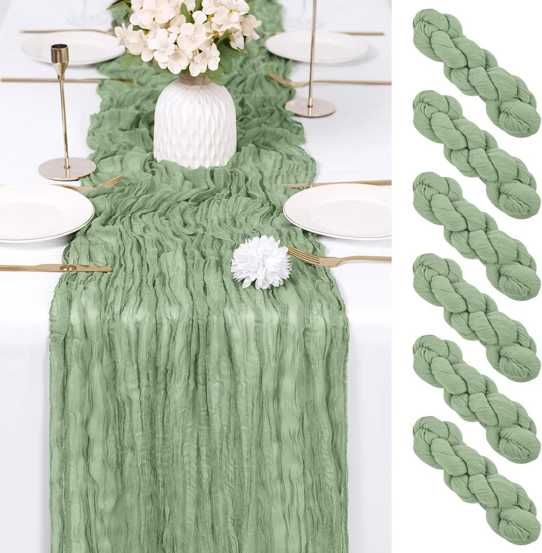 6 Pack Sage Green Cheesecloth Table Runner 17x108 Inch Semi Sheer Boho Gauze Cheese Cloth Fabric Table Runners Table Decor for Wedding Party Baby Shower Birthday Home Decor Garden Farmhouse