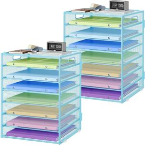 2 Pack 8 Tier Paper Organizer with Handle, Metal Mesh Desk File Organizer, Large Capacity Desk Organizers Paper Letter Tray Desktop Document Sorter for Office, Home or School - Blue
