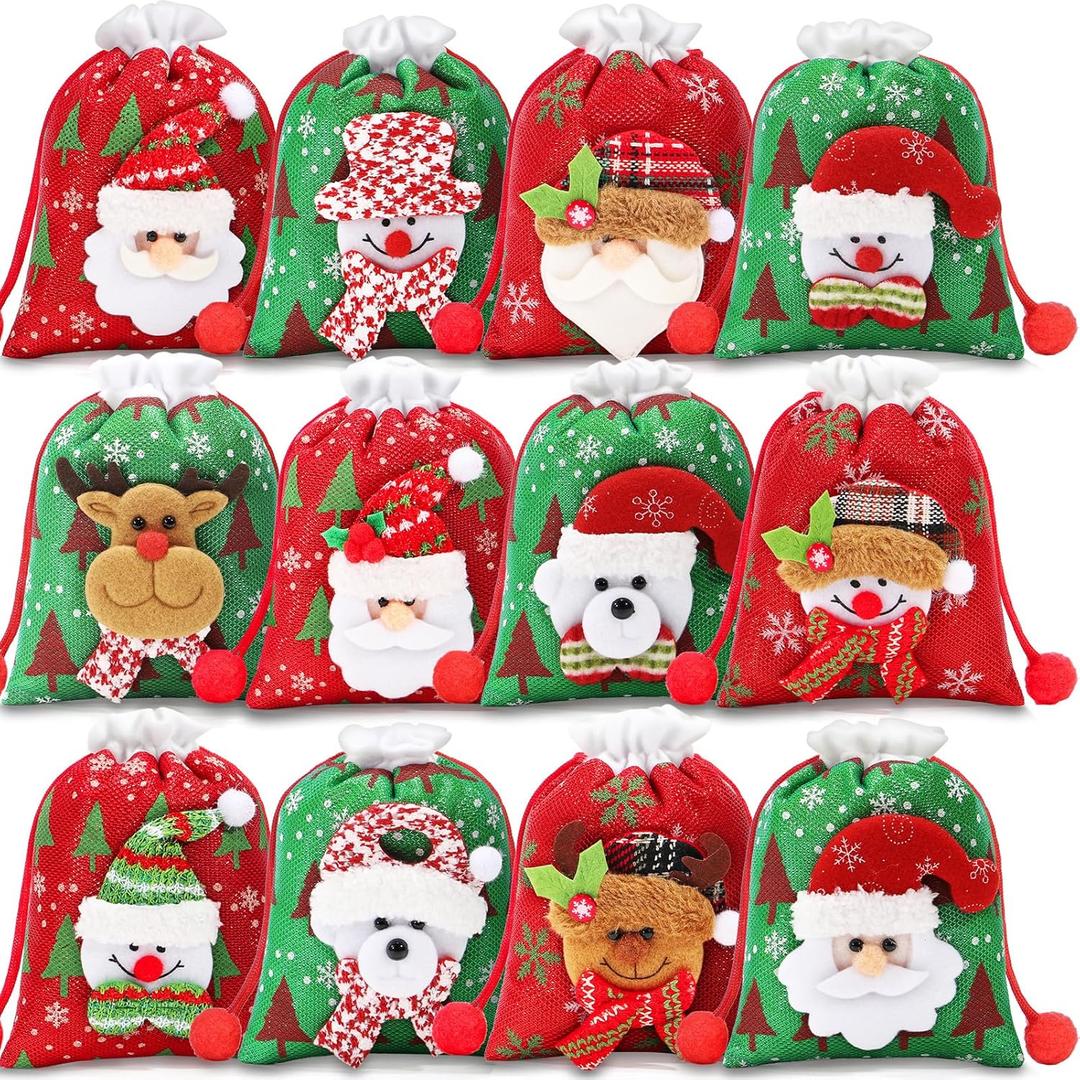 FLOE 12Pcs Christmas Gift Doll Bags with Drawstring, 5.5x7in 3D Christmas Goody Gift Bags Small Fabric Xmas Candy Bag, Burlap Treat Xmas Gifts Wrapping Bag Holiday Party Favors Decor Santa Sacks