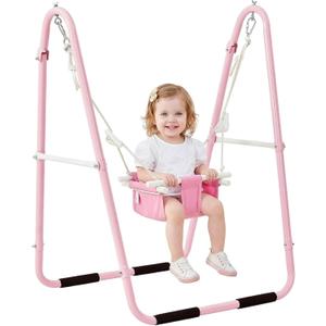 FUNLIO Baby Swing Set for Toddlers 6-36 Months, Foldable & Portable Swing for Indoor & Outdoor, Heavy Duty Metal Frame, Includes 2 Weight Bags & 4 Anti-Slip Pads, Easy to Assemble & Store  Pink