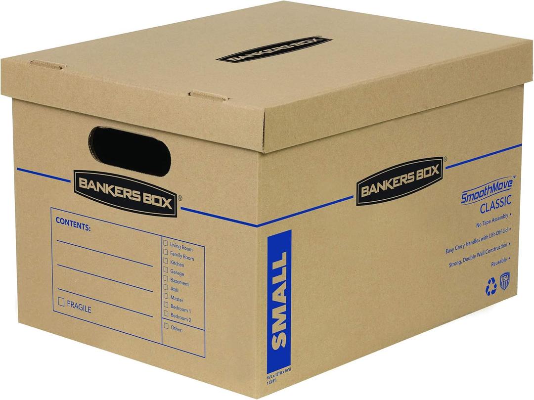 Bankers Box Small Classic Moving Box 5 Pack, Reinforced Handles, Tape-Free Assembly, Box with Lid, 15-in x 12-in x 10-in (7714902)