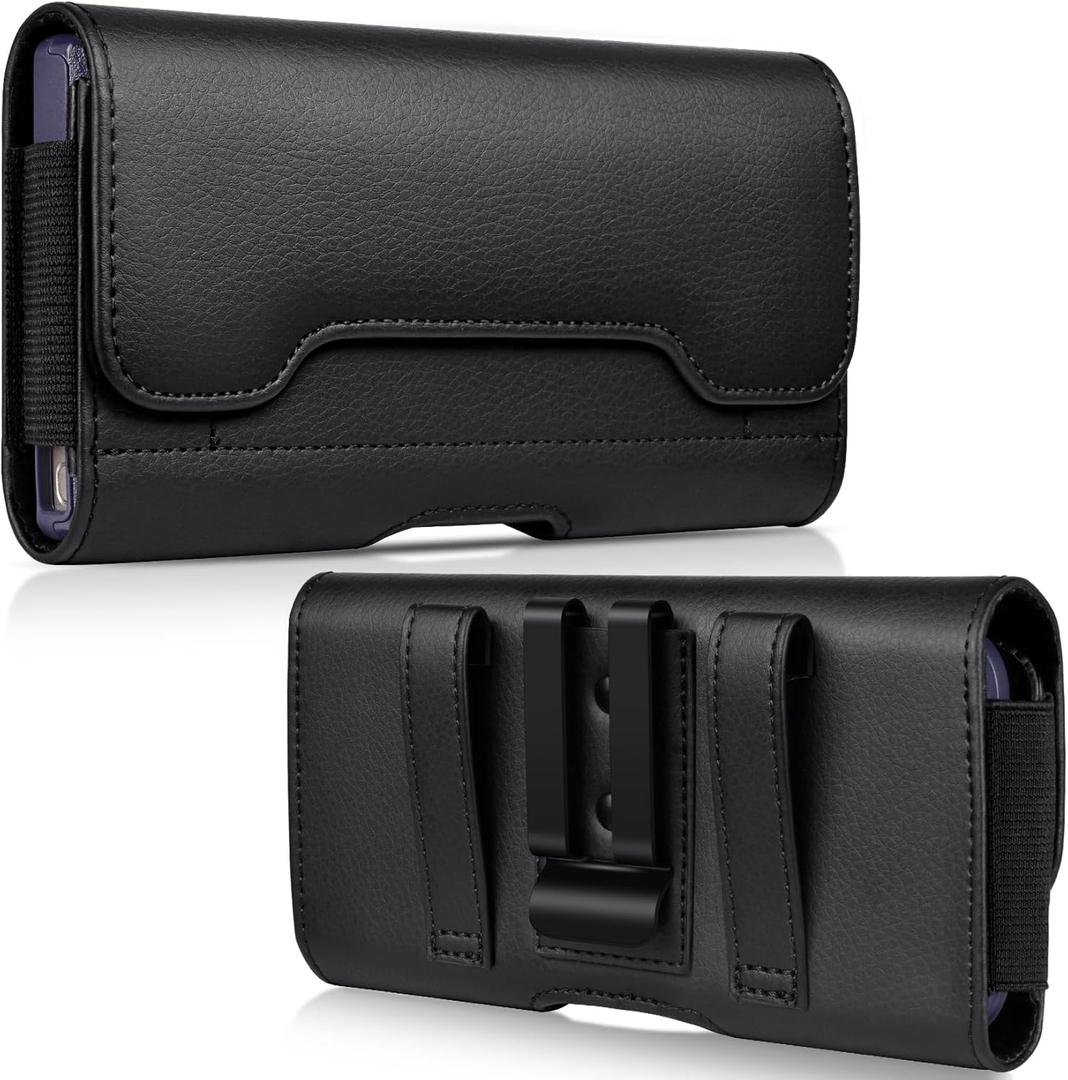 Leather Phone Holster with Strong Metal Belt Clip and Card Holder Compatible with iPhone 16/15/14/13/12 Pro Max, Galaxy S25/S24/S23/S22/S21/S20 Plus and FE for Everyday Protection, L-Black