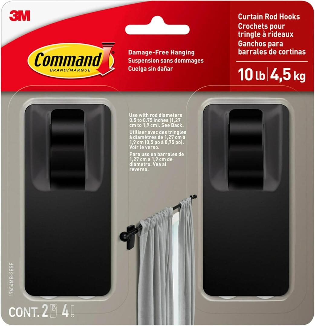 Command 10 lb Matte Black Curtain Rod Hooks, 2 Hooks and 4 Strips, No Drilling Christmas Decorations, Use with Rod Diameters 0.5-0.75" | 10 lb, 4 Command Strips, Damage Free, Curtain Rods Hangers, Home and Room Decor