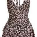 WDIRARA Women's Y2k Leopard Print Halter Dress Tie Backless Layered Ruffle Hem Mini Dresses Cheetah Mesh Dress (Medium)