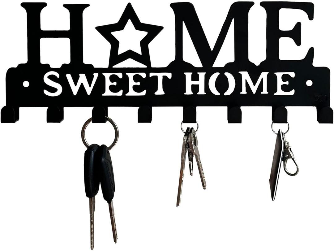 Keys Holder on Wall,Black Metal Key Hanger Small Decorative Key Rack Organizer with 8 Key Hooks for Entryway Doorway Front Door Kitchen Hallway Garage Mudroom Office-Home Sweet Home Wall Decor