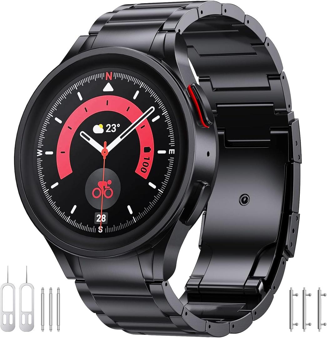 Titanium Band Compatible with Samsung Galaxy Watch 7 40mm 44mm/Galaxy Watch 6 Classic 43mm 47mm/Galaxy Watch 5 Pro 45mm/Galaxy Watch 4 Classic 46mm, No Gaps 20mm Business Titanium Watch Band (Black)