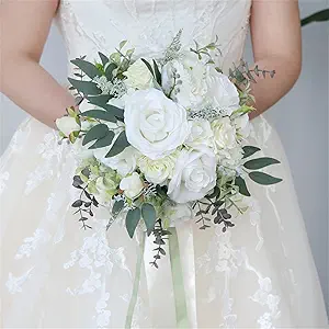 Wedding Bouquet Artificial Roses Flower Bride Bridal Bouquets Handmade Silk White Rose Flower Wedding Bridal Bouquets for Church Party Home Decoration