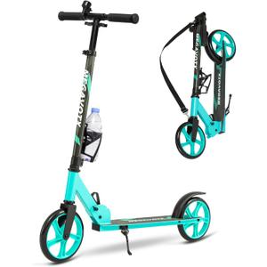 Foldable Kids Scooter with 8 inch Sturdy Wheels - Scooters for Kids, Teens, Adults Ages 8+, Adjustable Handlebar, Gift for Boys&Girls, 220lbs Max Load, Bearing ABEC7,Cup Holder (Green)