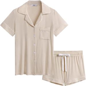 Cherrydew Women Cooling Breathable Pajama Bamboo Viscose Soft Sleepwear Short Sleeve Button Down Sleep Shorts Set Hot flashes (Large, Cream)