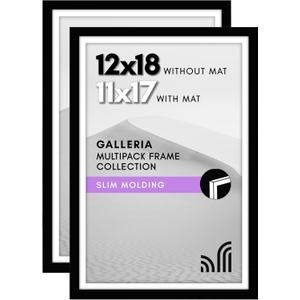 Americanflat 12x18 Poster Frame with Polished Plexiglass - Set of 2 - Use as 11x17 Frame with Mat or Display 12x18 Photo Without Mat - Galleria Collection - Picture Frames for Wall Display - Black