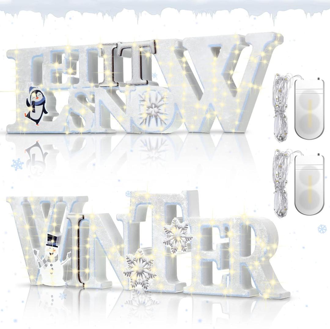 Jetec 2 Pack Winter Tabletop Signs with LED Lights, Wooden Winter & let It Snow Decor for Tiered Tray, Mantel & Shelf Wonderland Party (Blue/White)(Silver White)