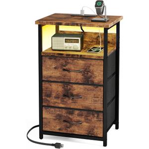 Fixwal Night Stand with Charging Station, LED Nightstand with Fabric Drawers, End Table with PU Finish, Bed Side Table, Rustic Brown (27.6"H (3 drawers))